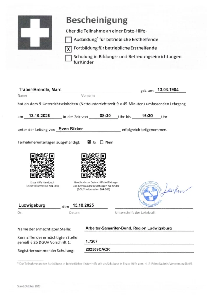 ASB Fortbildung für betrieblicher Ersthelfer Marc Traber-brendle