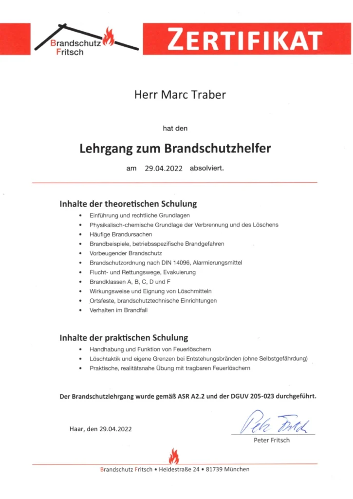 Lehrgang zum Brandschutzhelfer Marc Traber-Brendle